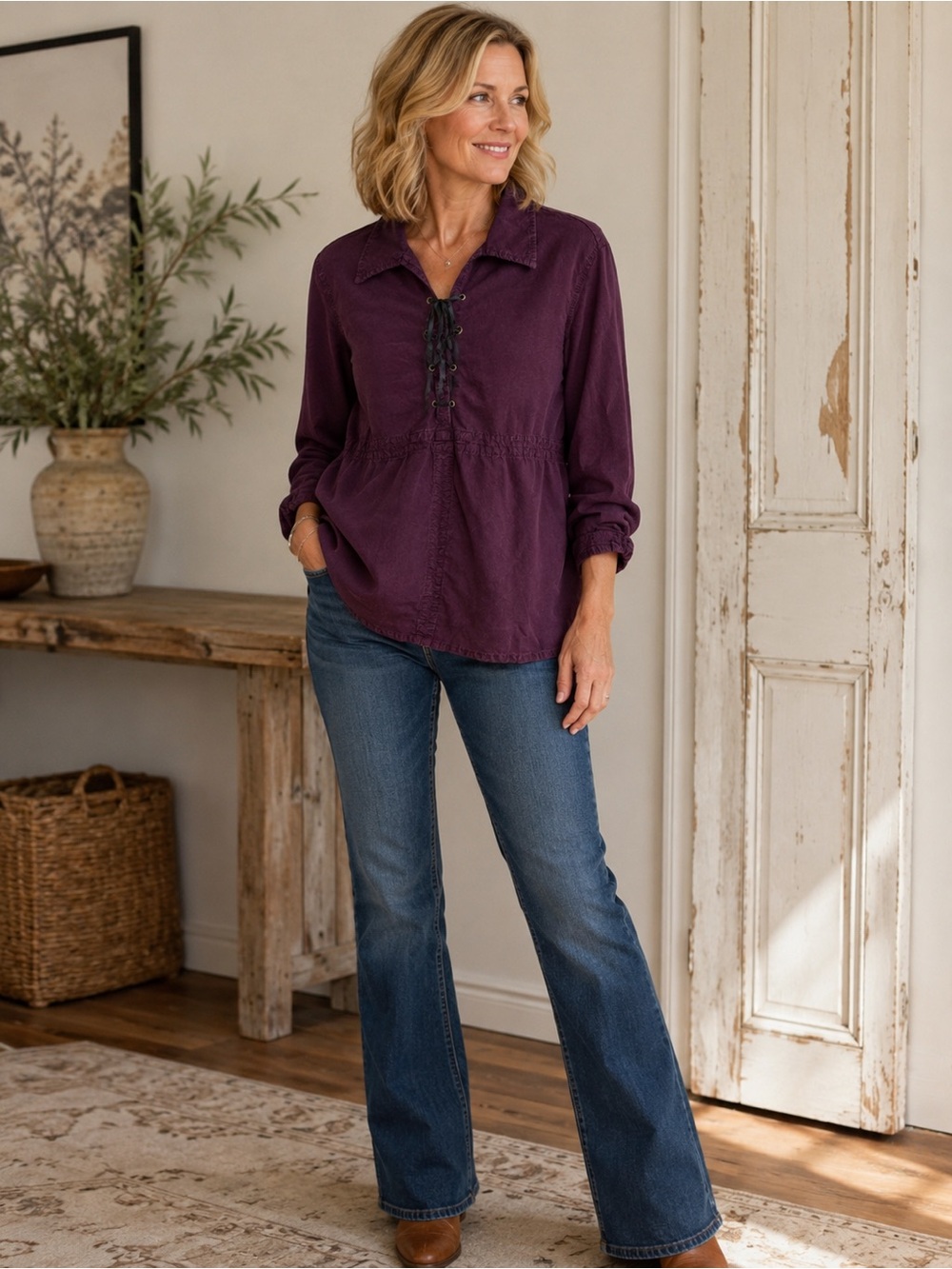 Democracy Lace-Up Long-Sleeve Tunic in Plum Dark Academia Boho Fall Peasant